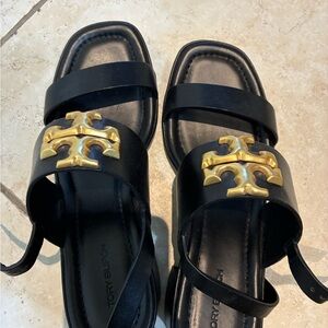 Tory Burch Black Sandals with Gold Emblem